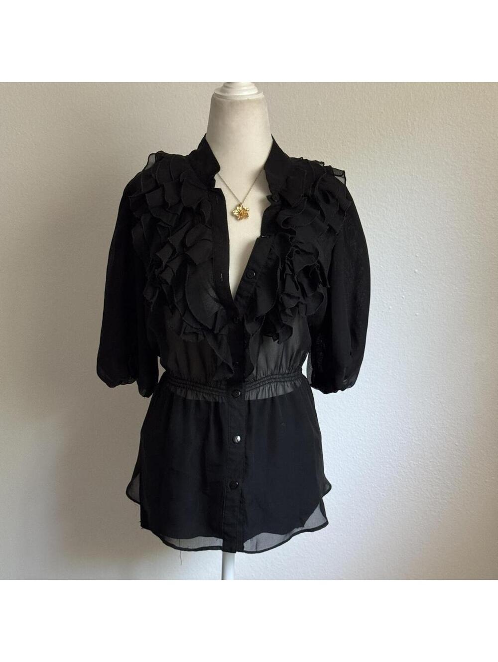 ੈ✩‧₊˚y2k black sheer ruffle button up cinched waist blouse